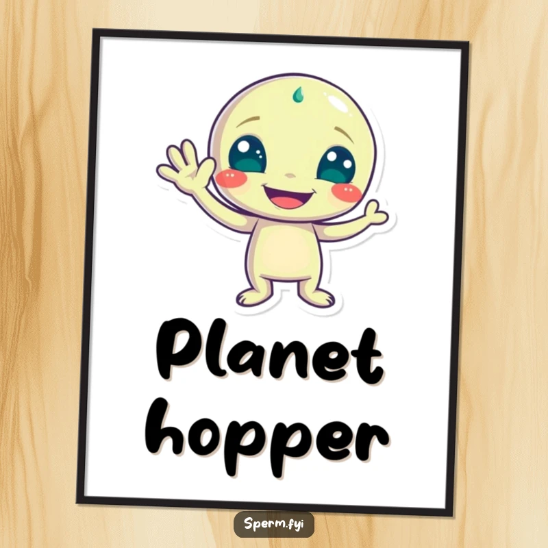 Funny digital art print of a playful alien character waving with a wide grin, perfect for instant cosmic decor.