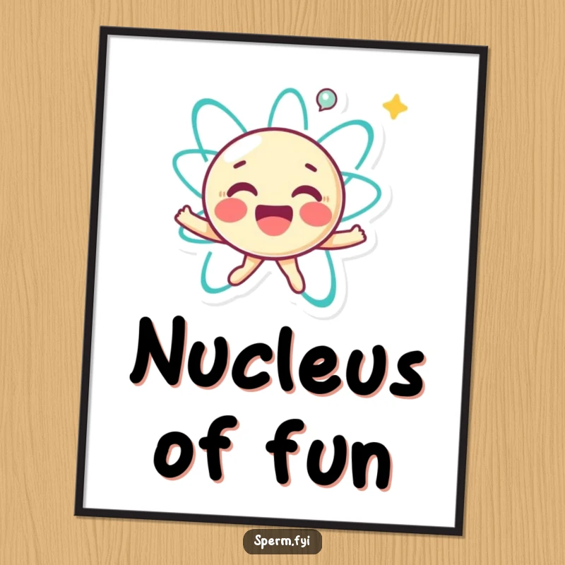 Funny digital art print of a joyful little atom character happily spinning, perfect for instant energetic and positive decor.