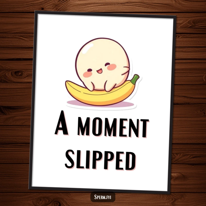 Funny cheerful blob character comically slipping on a tiny banana peel, high-resolution digital art print.