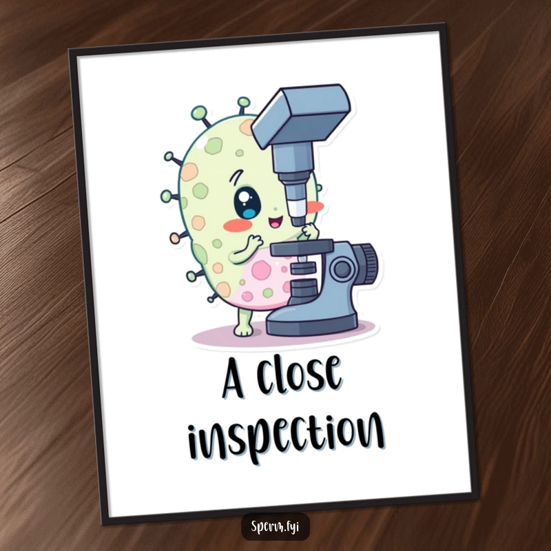 Funny digital art print of a curious bacteria character looking through a microscope, ideal for science decor.