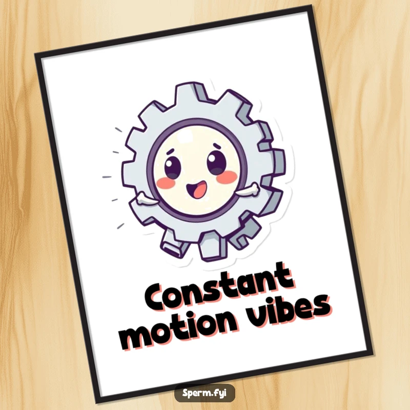 Funny digital art print of a playful gear character spinning rapidly, offering instant humorous decor and a unique gift.