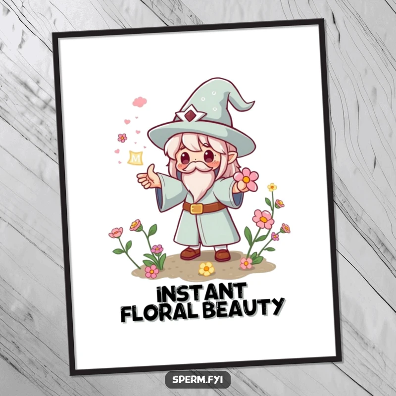 Funny Kawaii wizard digital art print casting a spell for instant flowers, magical decor and a funny gift.