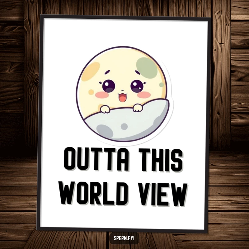 Funny digital art print of a surprised little moon character peeking from behind a planet, perfect for instant whimsical decor.