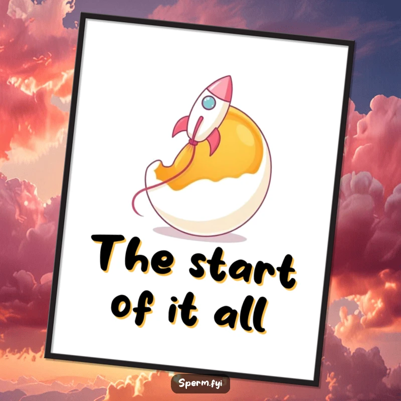 Funny rocket sperm digital art print, sperm shaped as a rocket launching from a huge egg yolk.