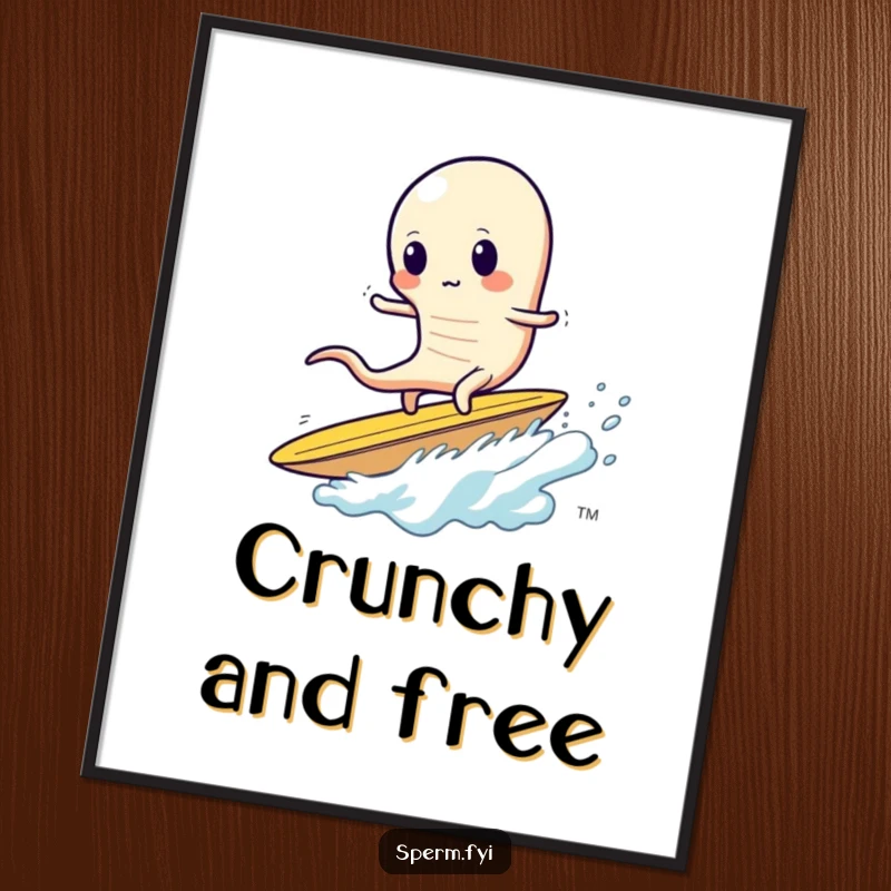 Funny sperm digital art print, a sperm wobbly while surfing a massive potato chip, snack art.