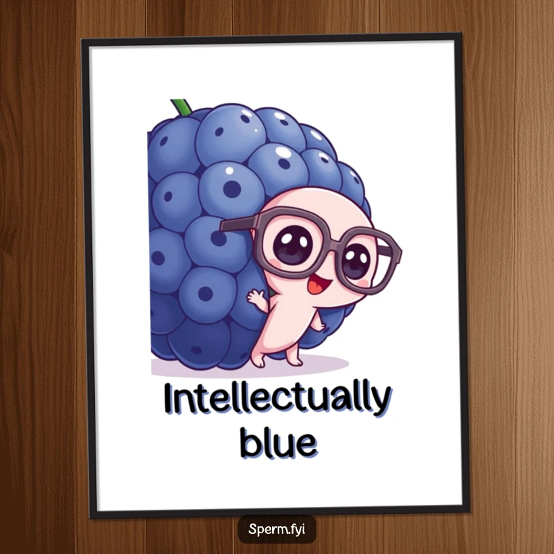 Funny sperm digital art print, wearing large glasses, peeking from behind a colossal blueberry.