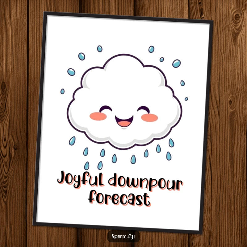 Funny digital art print of a giggling cloud character sprinkling joyful raindrops, adding cheerful and humorous vibes.