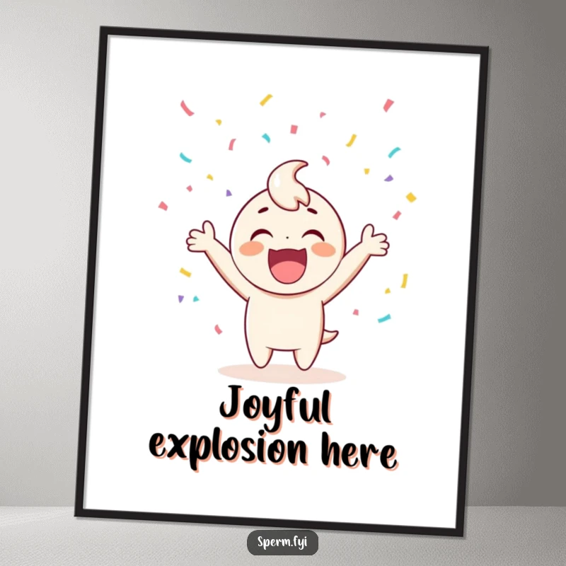 Funny digital art print of an ecstatic character cheering amidst a vibrant, falling confetti blizzard.