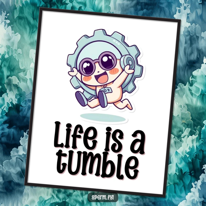 Funny digital art print of a quirky gear character in a playful tumble, offering instant dynamic and humorous decor.
