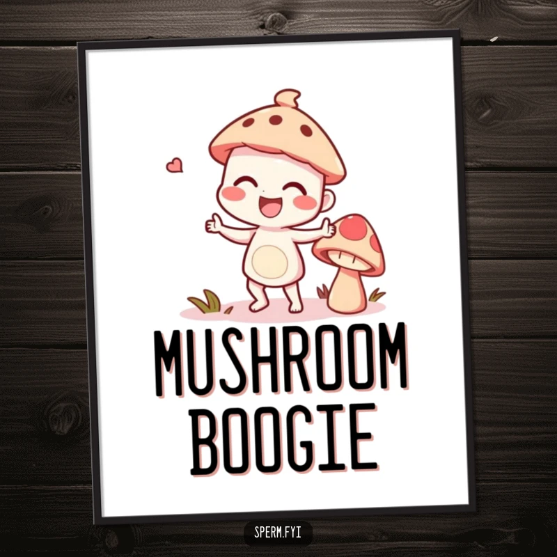 Funny giggling character doing a silly dance with a talking mushroom, high-resolution digital art print.