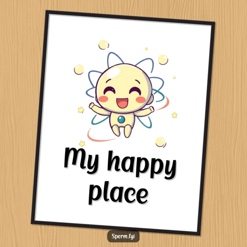 Funny digital art print of a delighted electron character happily orbiting, offering instant scientific humor and a unique gift.