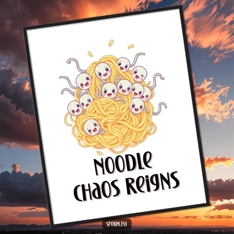 Funny digital art print of sperm characters comically tangled in a giant spaghetti noodle, ready for instant download.