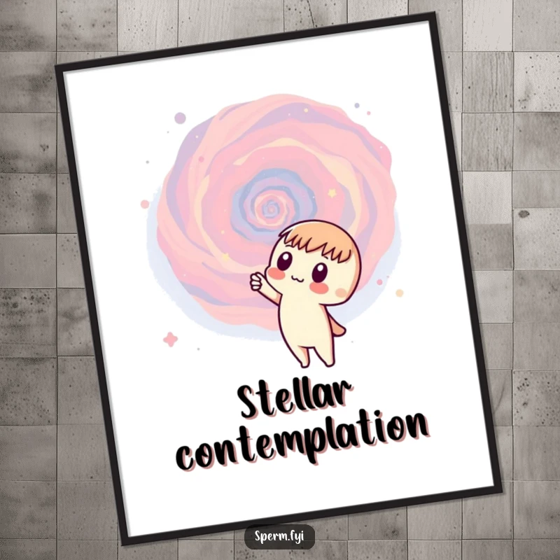 Funny digital art print of a curious character pointing at a swirling galaxy, celebrating wonder and humor.