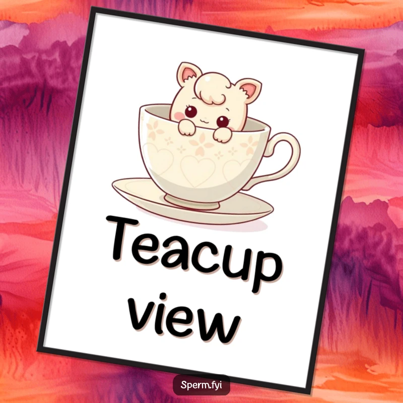 Funny curious character peeking out from inside a giant teacup, high-resolution digital art print.