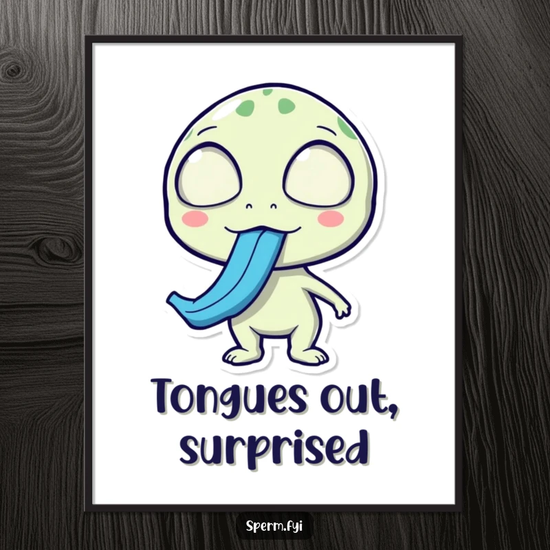 Funny alien digital art print, surprised expression, sticking out a long blue tongue, instant sci-fi wall art.