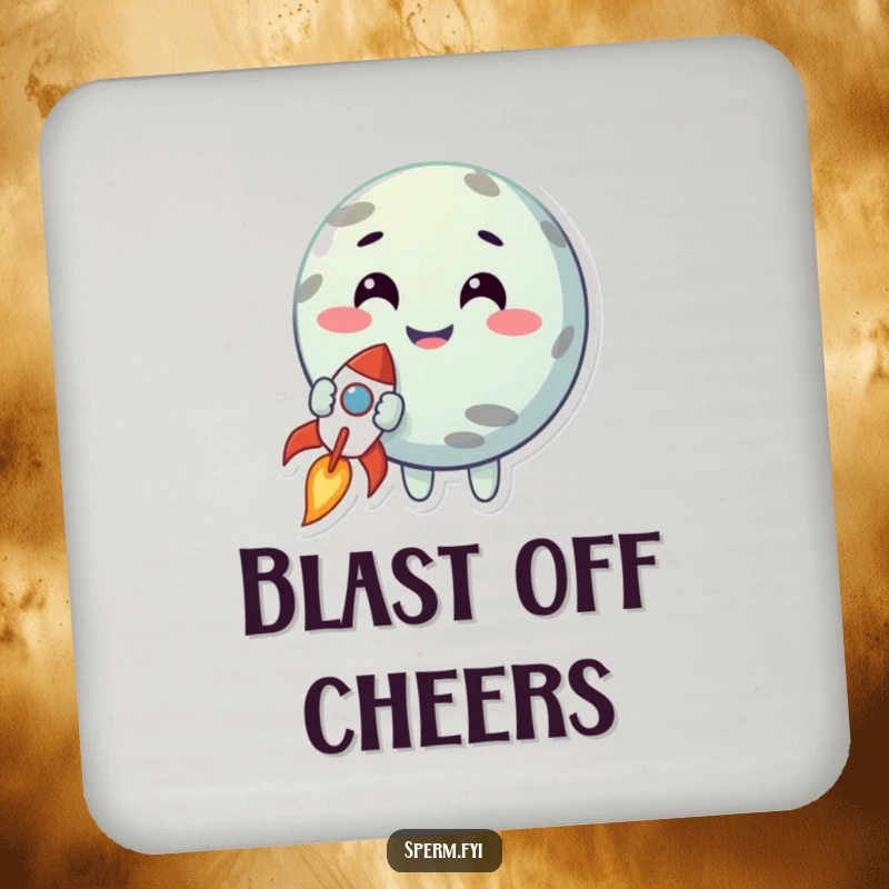 Funny drink coasters with a smiling planet character holding a tiny rocket, offering surface protection and inspiring dreams.