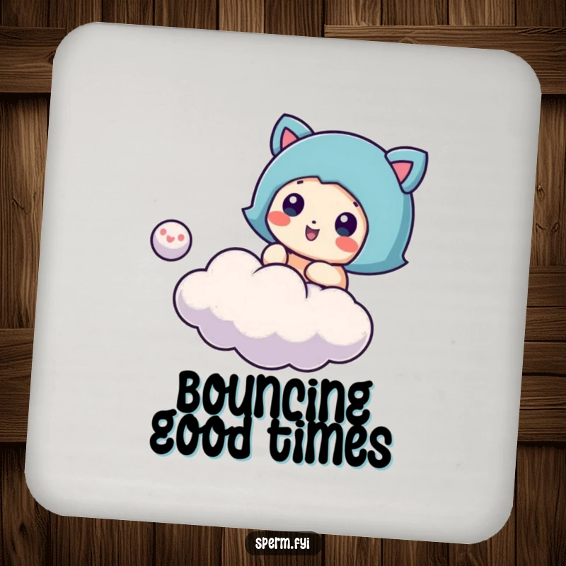 Funny cloud bouncing coaster, a character bouncing a small cloud, functional and whimsical home accessory.