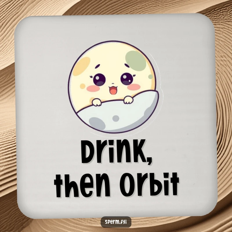 Funny drink coaster featuring a surprised little moon character peeking from behind a planet, adding a touch of humor to tabletops.
