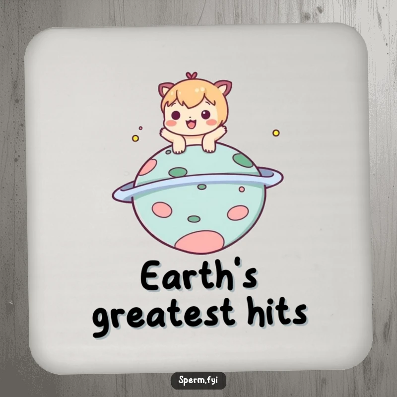 Funny coaster featuring a playful character bopping a comical planet, protecting surfaces with humor.
