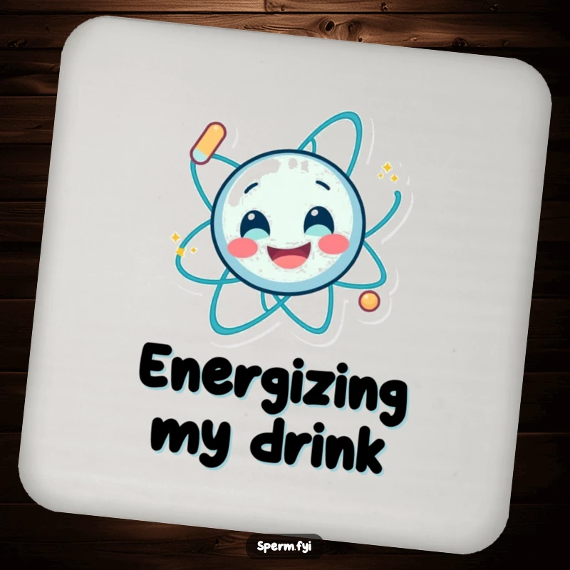 Funny drink coasters featuring a smiling atom character spinning energetically, adding humorous and protective scientific flair.