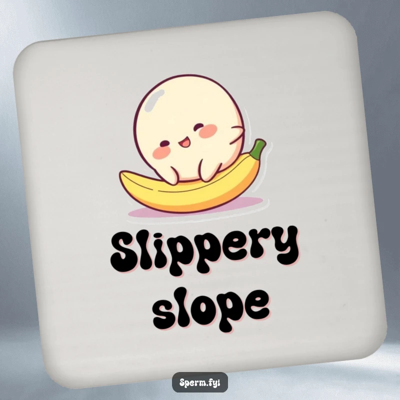 Funny blob character comically slipping on a tiny banana peel, a humorous design for drink coasters.