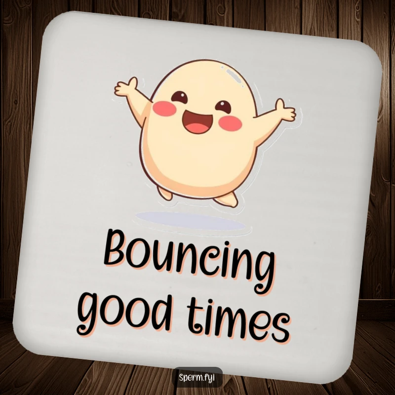 Funny smiling blob character mid-bounce on drink coasters, adding joyful energy to any surface.