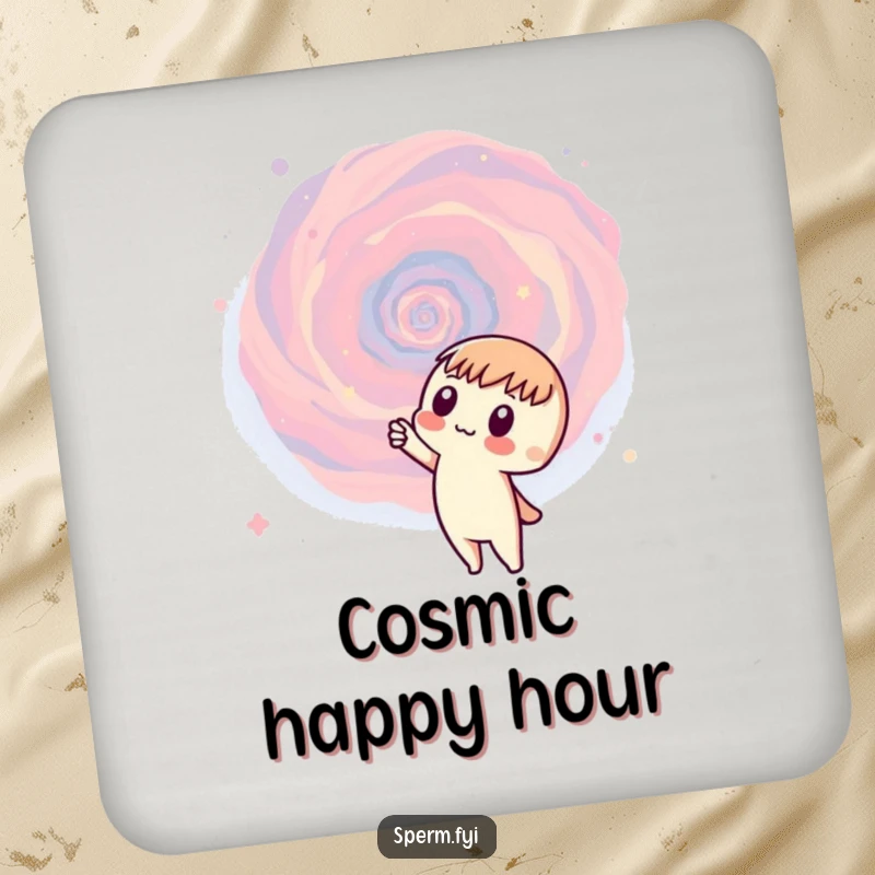 Funny galaxy coaster featuring a curious character pointing at a swirling galaxy, protecting surfaces with humor.