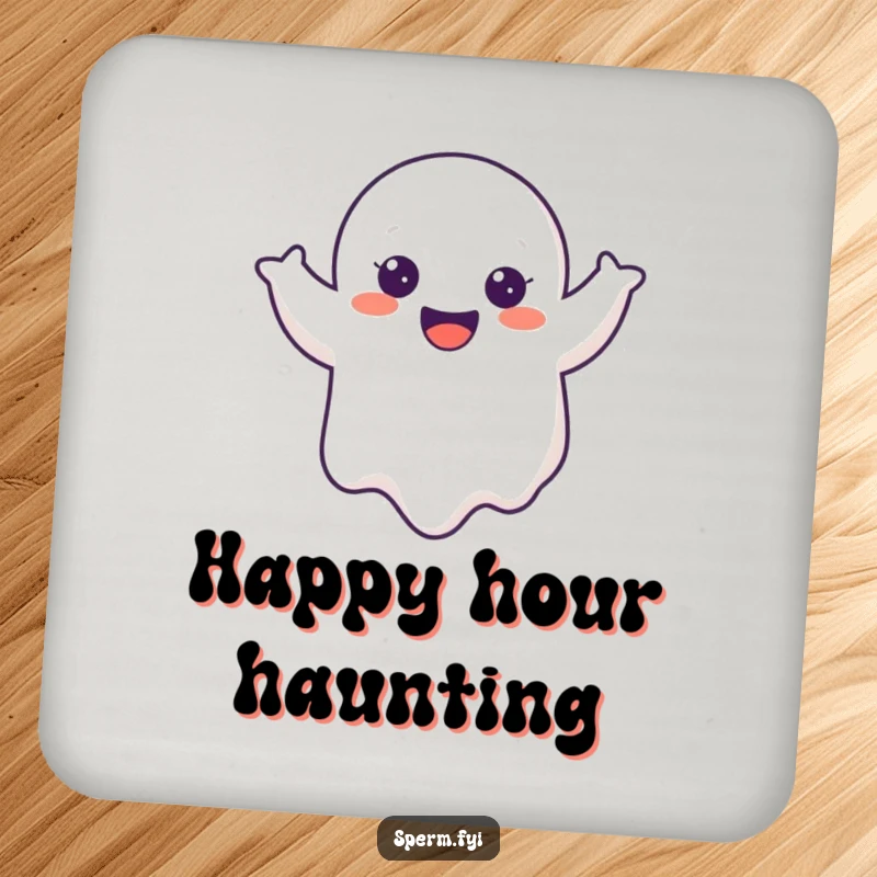 Funny Ghost Coaster featuring a cheerful cartoon ghost doing a joyful wobble, a humorous and functional table accessory.