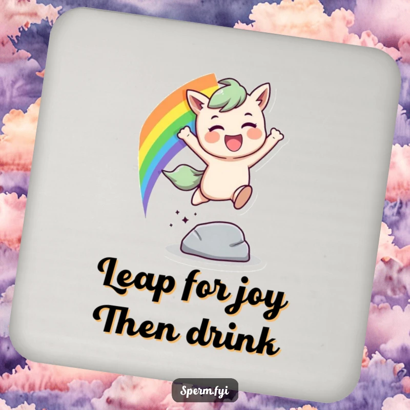 Funny rainbow leap coaster, a character leaping over an obstacle with a rainbow trail, functional and colorful decor.