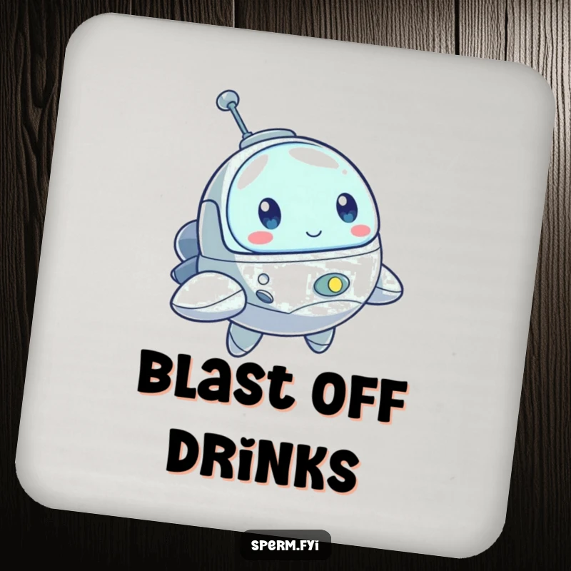 Funny drink coaster featuring a bouncing little spaceship character with a determined look, adding a touch of adventurous humor.
