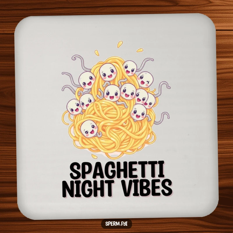 Funny drink coaster with sperm characters tangled in a spaghetti noodle, protecting surfaces with humorous absurdity.