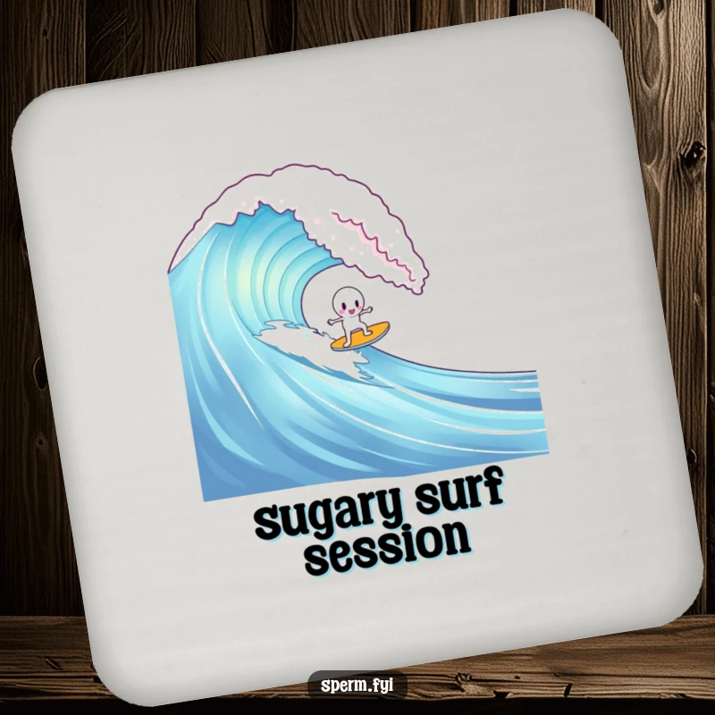 Funny drink coaster with a sperm character surfing a gummy bear wave, protecting surfaces with whimsical humor.