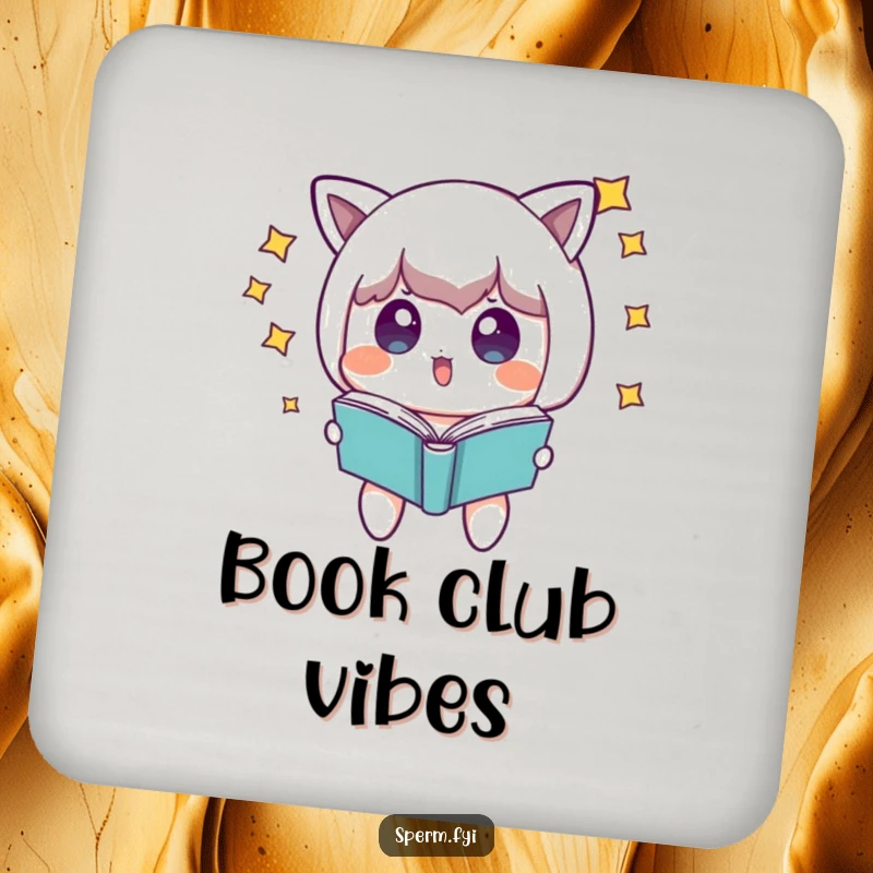 Funny surprised character with stars around its head, looking at a floating book, a humorous design for coasters.