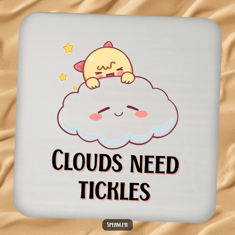 Funny tickling cloud coaster, a character tickling a sleeping cloud, functional and whimsical home accessory.