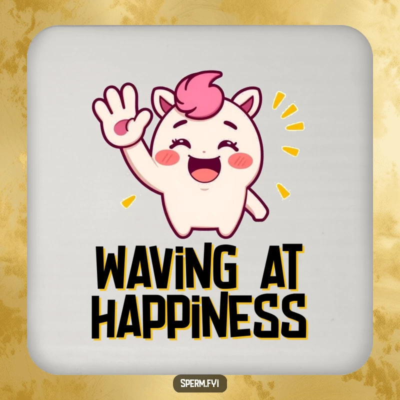 Funny Coaster: A cheerful character with a big, exaggerated, silly wave, protecting your furniture.