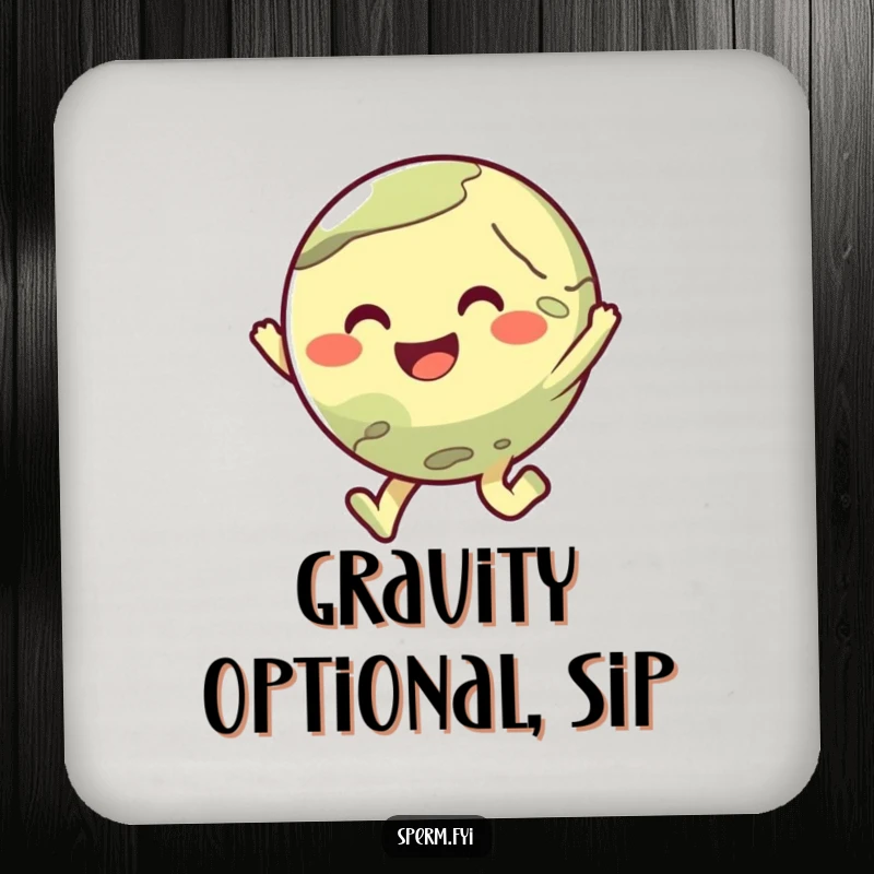 Funny drink coaster with a cute planet character joyfully hopping, offering humorous protection for surfaces.
