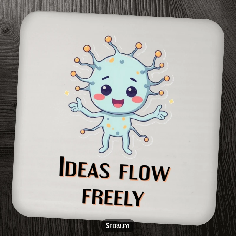 Funny drink coasters with a happy neuron character sending signals, adding a humorous and protective touch to tables.