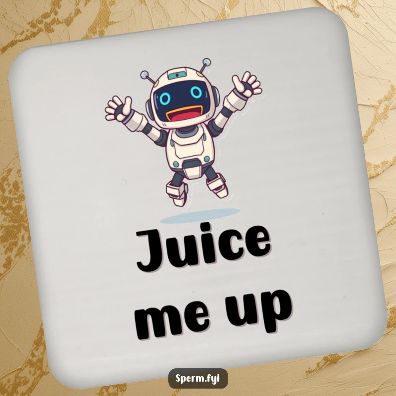 Funny robot coaster showing an excited character jumping with arms outstretched, adding a spark of fun.