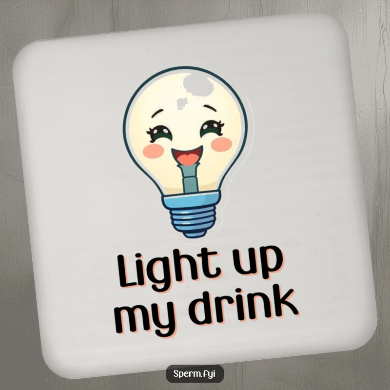 Funny drink coaster featuring a delighted lightbulb character glowing brightly, adding a touch of bright humor to tabletops.
