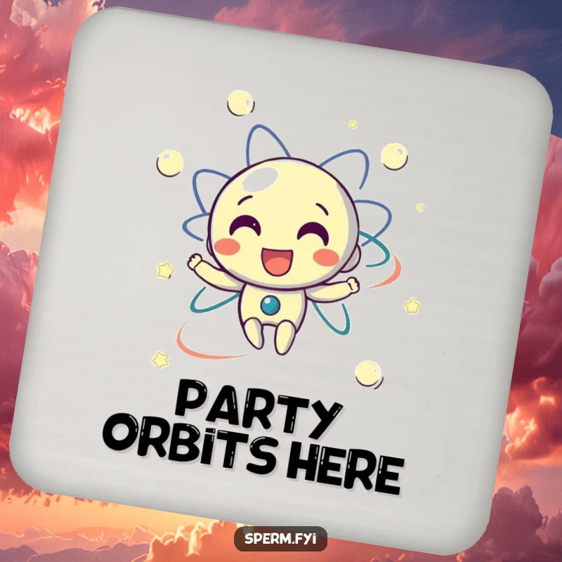 Funny drink coasters with a delighted electron character happily orbiting, adding a humorous and protective touch to tables.