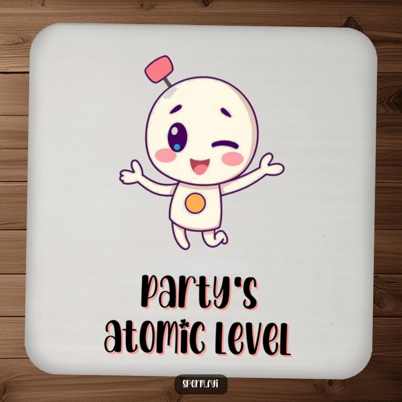 Funny drink coaster featuring a winking atom character dancing, perfect for protecting surfaces with style.