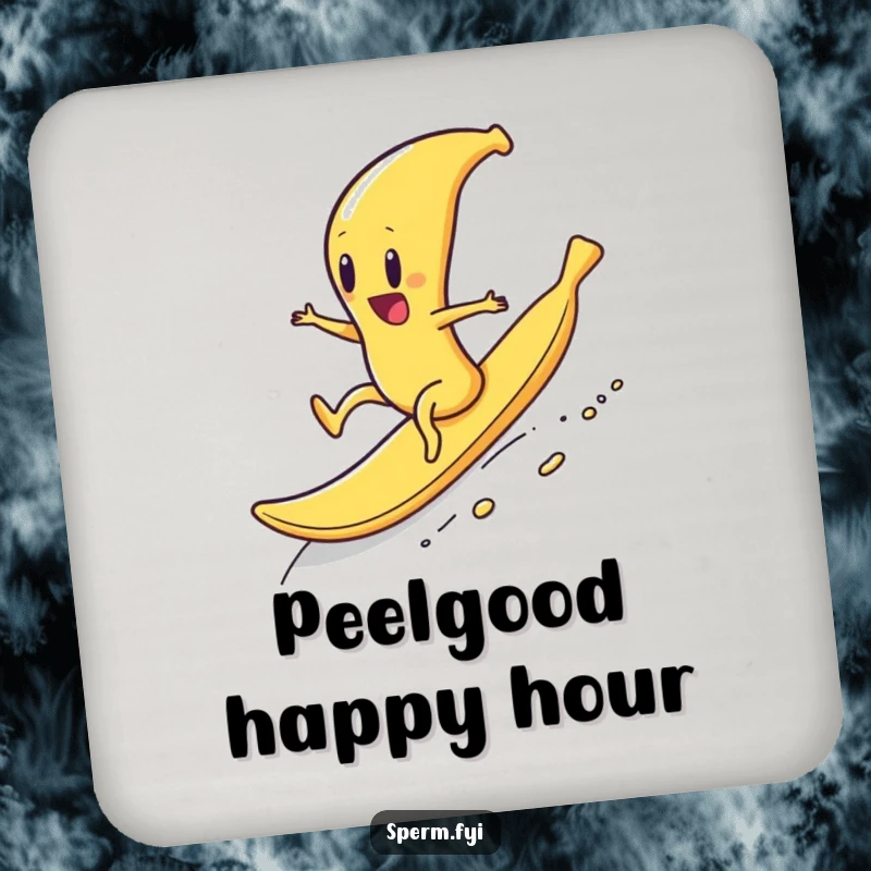 Funny drink coaster with a sperm character riding a banana peel downhill, protecting surfaces with humorous adventure.