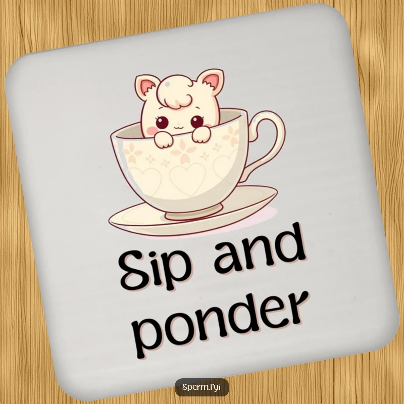 Funny curious character peeking out from inside a giant teacup, a humorous design for coasters.