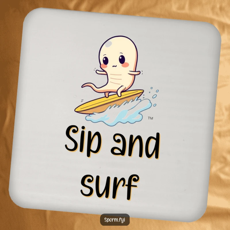 Funny sperm drink coaster, a sperm wobbly while surfing a giant potato chip, snack themed.