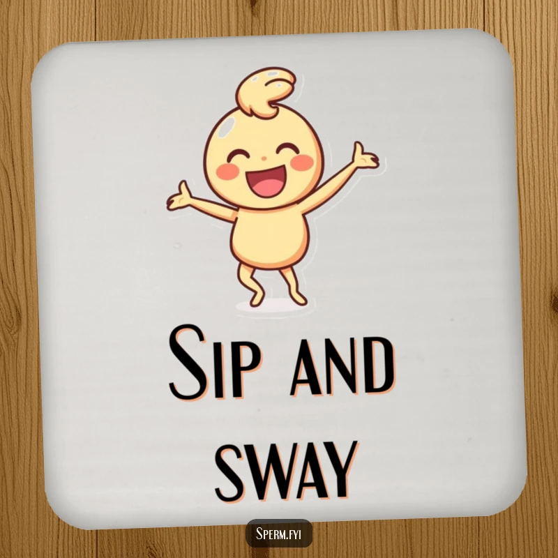 Funny drink coaster with a happy smiley face character performing a silly dance, offering humorous protection.