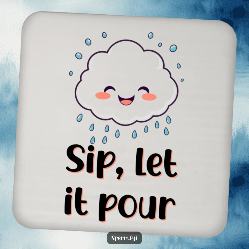 Funny drink coaster with a giggling cloud character sprinkling joyful raindrops, offering humorous protection.