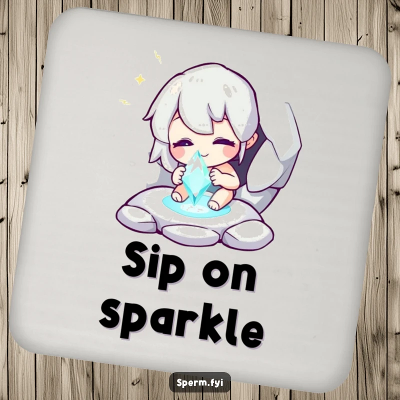 Funny coaster featuring a whimsical character finding a sparkling gem, protecting surfaces with humor and magic.