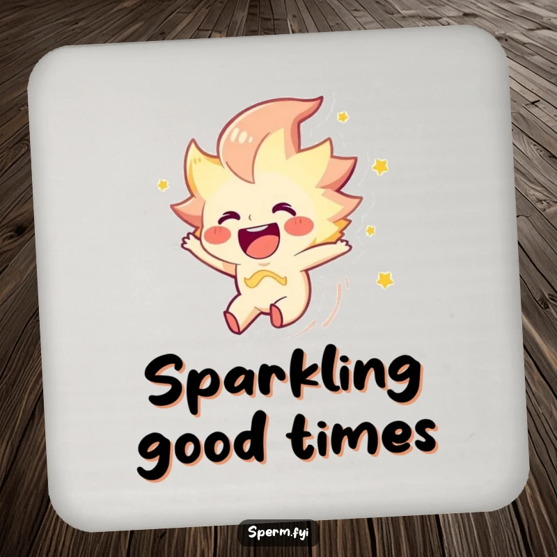 Funny drink coaster featuring a joyous spark character zipping through the air, perfect for surface protection.