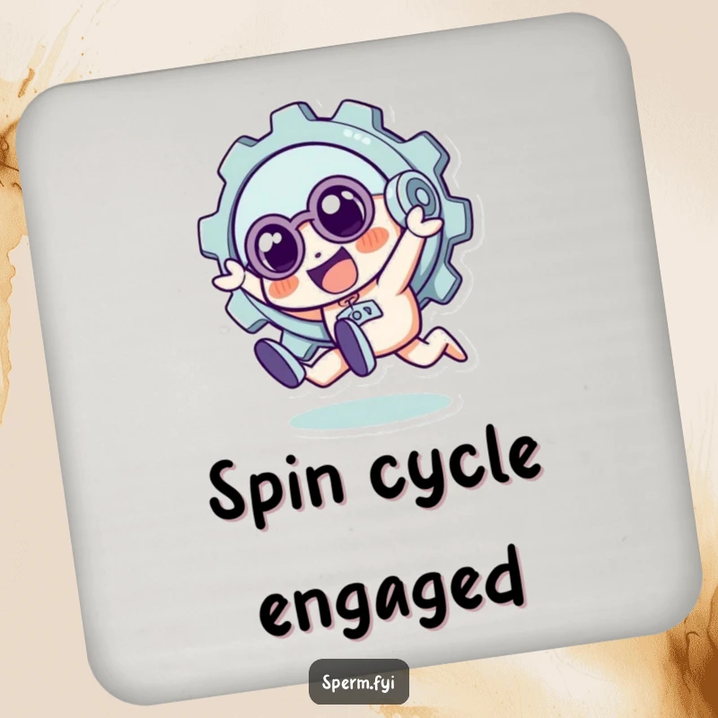 Funny drink coasters featuring a quirky gear character in a playful tumble, adding humorous protection to tabletops.