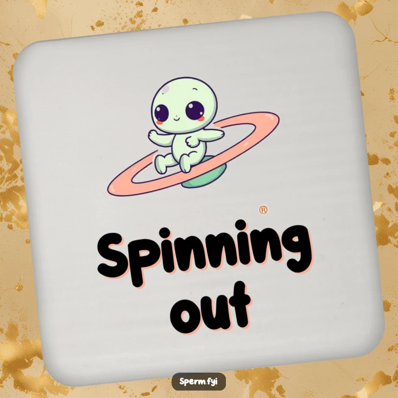 Funny Kawaii alien zipping around a spinning planet, depicted on coasters to add humorous, protective flair to any tabletop.